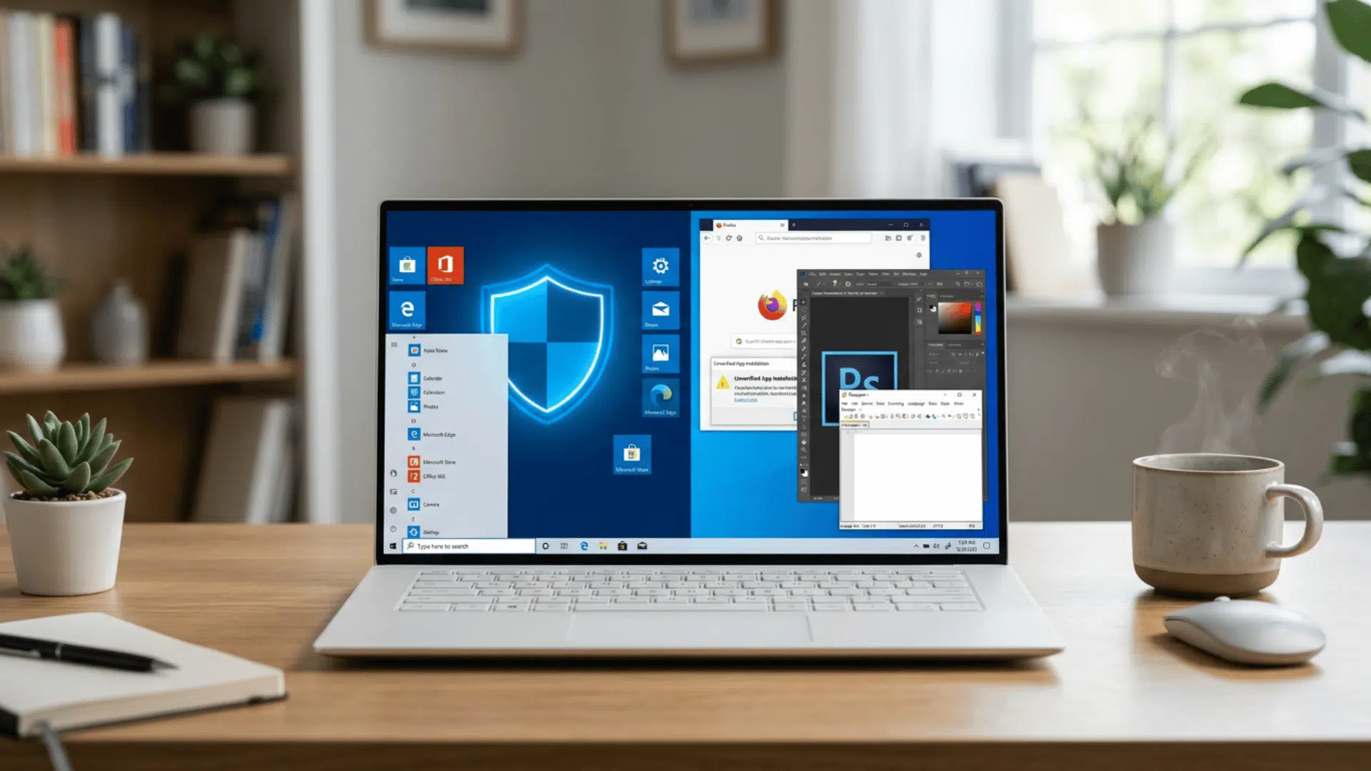 Realistic laptop showing windows 10 s mode interface with security and app features